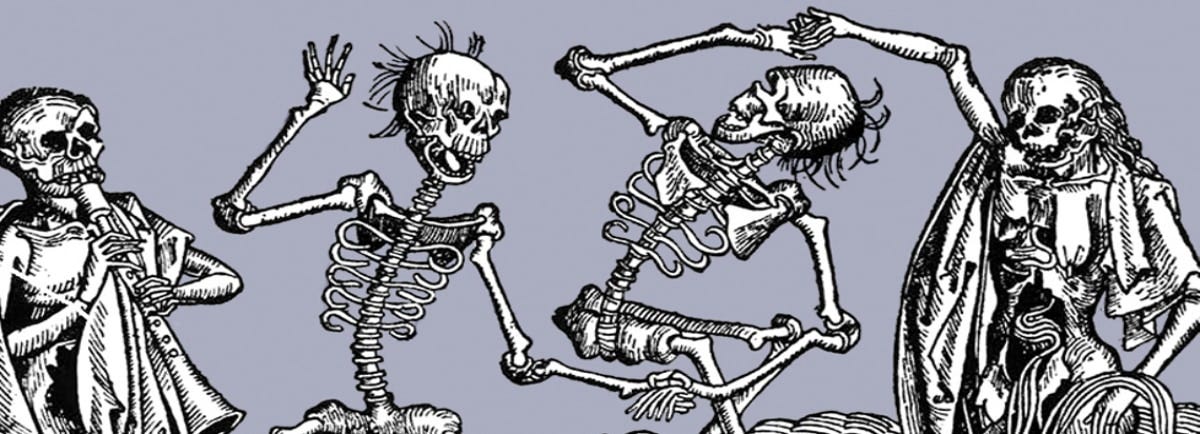 Dancing skeletons on grey background