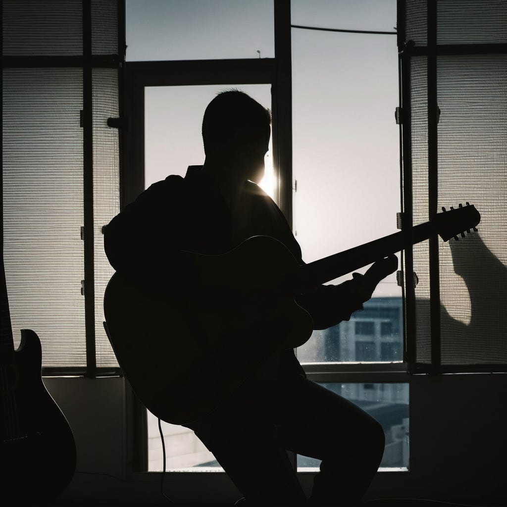 A sad guitar player in a shadow