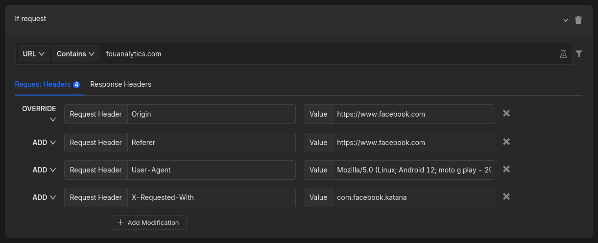 Figure 2: The rules to modify the HTTP request headers with the Requestly browser extension