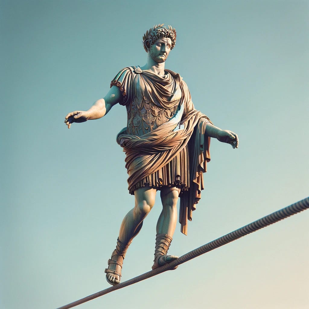 A statue of Marcus Aurelius, with a classical Roman appearance, balancing on a tightrope. The statue is intricately detailed, resembling ancient Roman art, with a toga and a laurel wreath. The tightrope is set against a clear blue sky, with no safety nets or supports visible, emphasizing the daring feat. The scene captures the moment of perfect balance, with Marcus Aurelius' focused expression and poised posture.