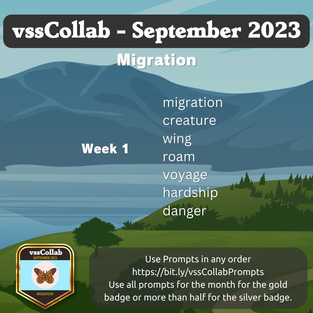 Image: summary of the text in the article, with the prompt list and how to get the badges. Background: mountains and a lake. Badge: Monarch butterfly on a blue sky background