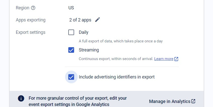 BigQuery Export Settings