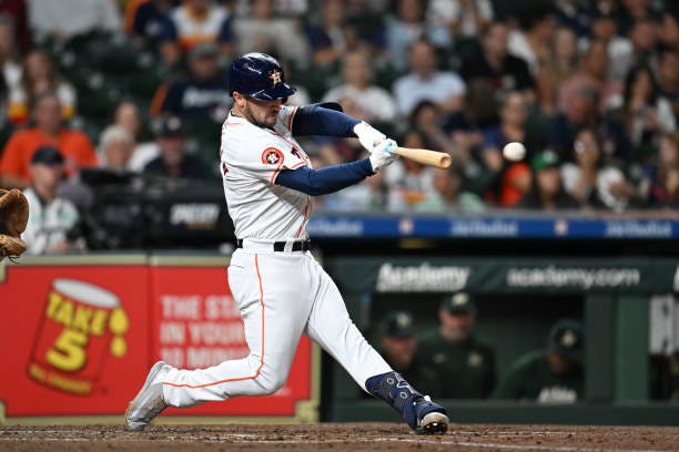 Alex Bregman of the Houston Astros bats against the Oakland Athletics at Minute Maid Park on September 11, 2024 in Houston, Texas.