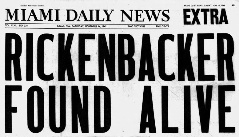 Front page of the Miami Daily News on November 14, 1942, announcing that Eddie Rickenbacker was found alive in the South Pacific.