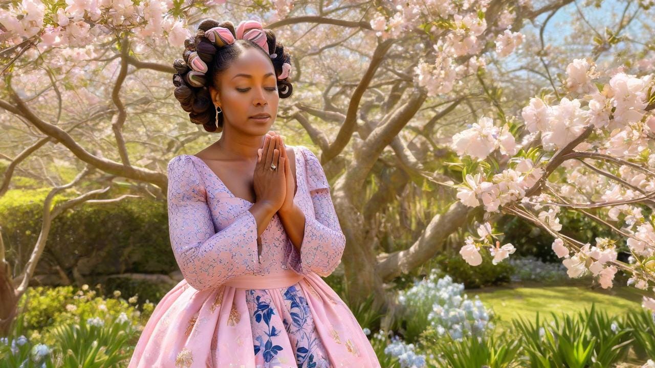 digital painting of a Black woman in her 30s in a flowing pastel-pink dress adorned with Easter blossoms. She stands in a sun-dappled garden, dark-skin tone exhibiting faint freckles on hands clasped in prayer, Bantu knots coiled tightly in vibrant indigo and gold. Soft bokeh highlights botanical details, inspired by botanical illustration and impressionist lighting.
