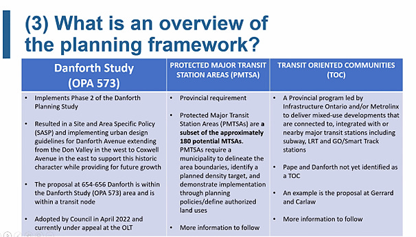 Slide showing a table summarizing three policy aspects of a planning framework