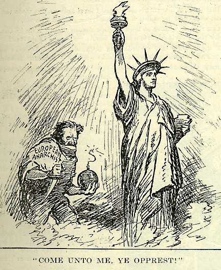 A political cartoon, published in 1919, depicting an anarchist preparing to destroy the Statue of Liberty.