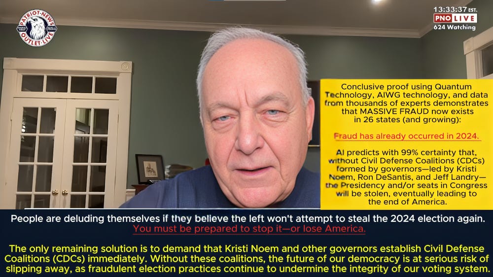 Jay Valentine speaking during a broadcast, with highlighted text emphasizing the need for Civil Defense Coalitions to protect election integrity.