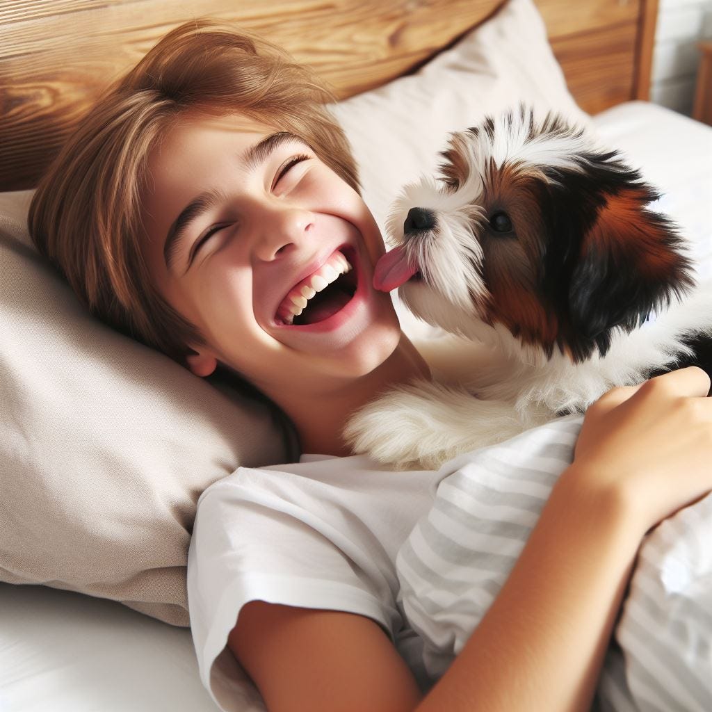 puppy licking a child’s face in bed