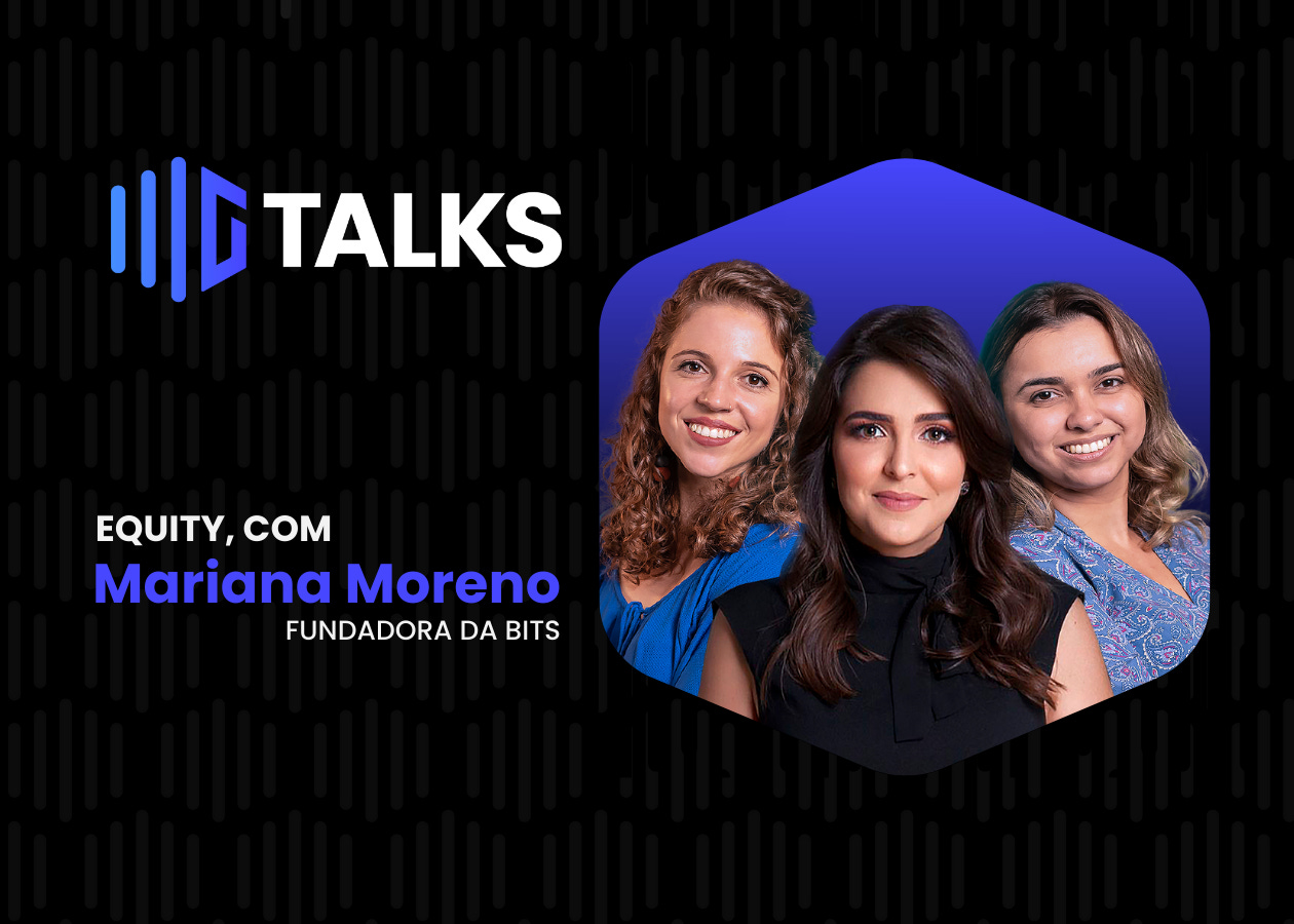 Logo Mulheres de Growth Talks, texto Equity com Mariana Moreno Fundadora da Bits, e foto da Thais Sterenberg, Mariana Moreno e Duda Paschoal, participantes do Talk