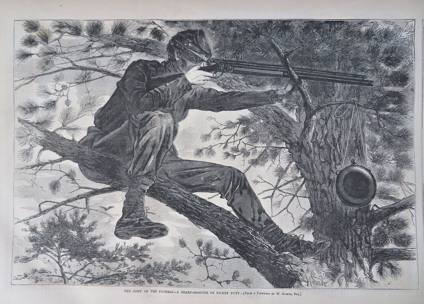 A lithograph print of a nineteenth century army soldier pointing a gun while sitting in a tree. 