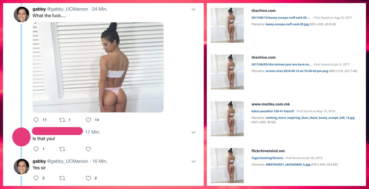 post containing an alleged photo of "Gabby", and reverse image search showing the photo is plagiarized