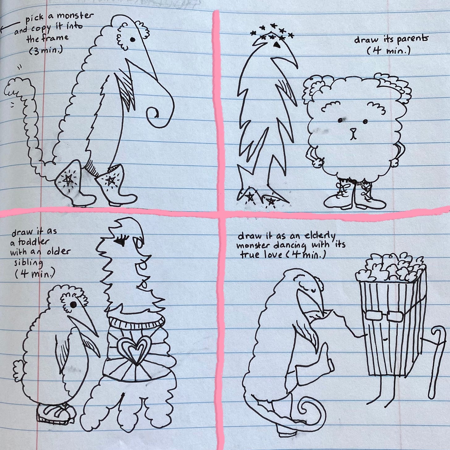 A four-panel ink cartoon on notebook paper featuring a soft-looking monster with a pointy nose, a long tail, and cowboy boots with stars on them. The first panel just shows the monster. The second panel shows its parents—a spiky, lightning-shaped creature with stars around its head and a fluffy creature with kind eyes. The third panel shows the monster as a toddler, plump and ineffectual as a baby penguin, and beside them their older sibling, a spiky monster wearing a cute sweater and many earrings. In the final panel, the monster, now elderly and grateful, is dancing with the love of its life, an old box of popcorn. The popcorn box is wearing glasses and using a cane.