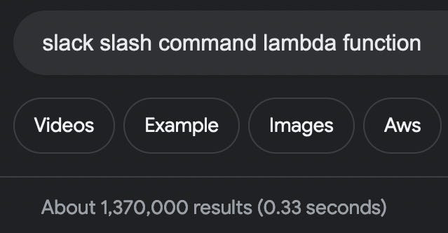 Google search results showing over 1.3 million results for the search 'slack slash command lambda function'