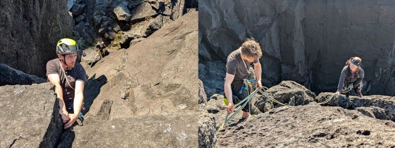 Collage of two photos. The left shows a man in a t-shirt and yellow helmet and in the sun climbing up towards the viewer. Both is hands are on the same hold and he has straight arms. He has a look of concentration on his face as he looks at the rock to the side of his hands. The rope is being held by another climber far below. The right shows the same man, without a helmet this time. He is belaying a climber who has just popped into the sun with shadows behind her. She is wearing sunglasses and looking at the belayer. The belayer is busy looking at his hands.