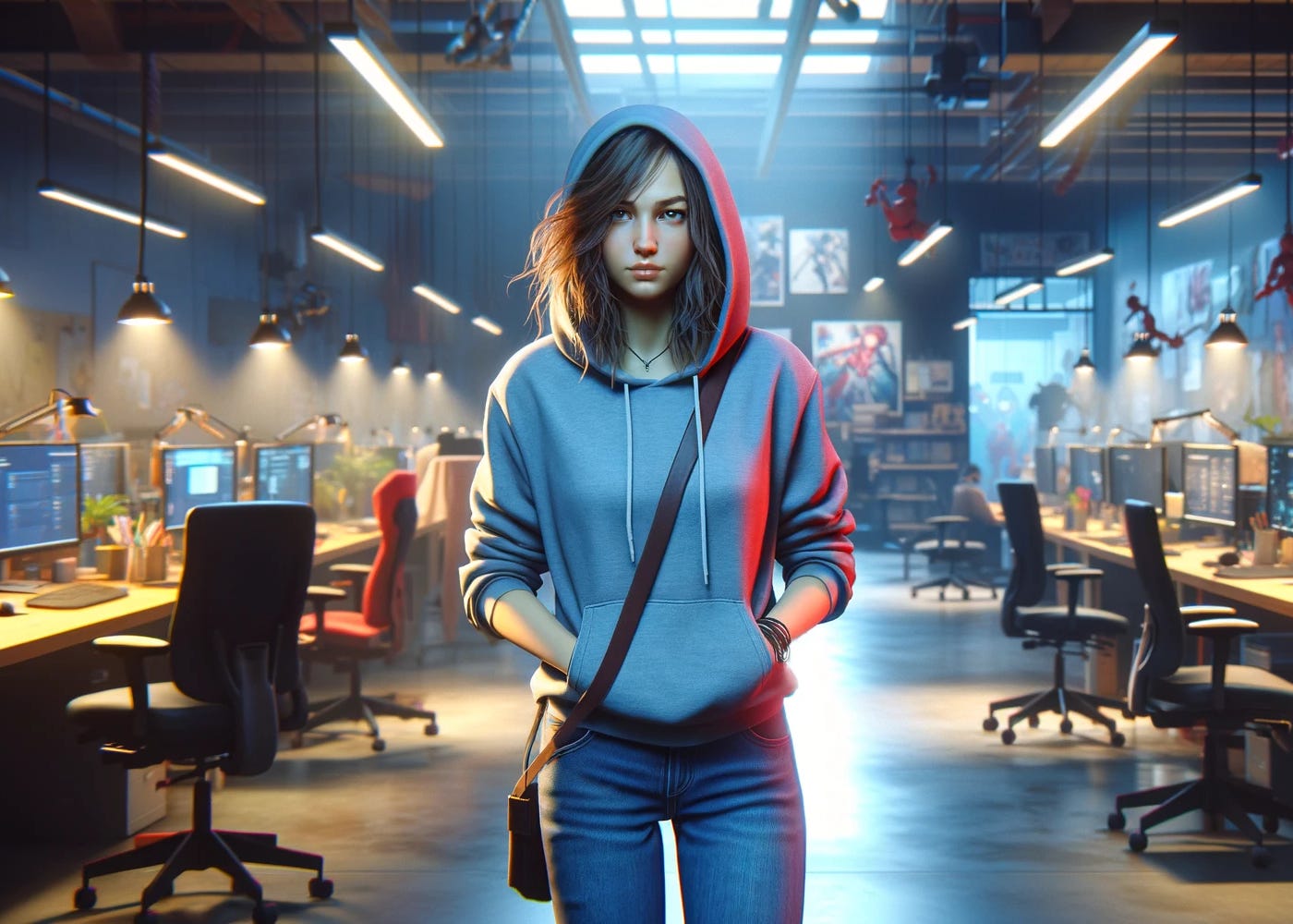 Digital art of a young woman in a blue hoodie and jeans standing in a modern game development studio, with computer workstations and game concept art in the background.