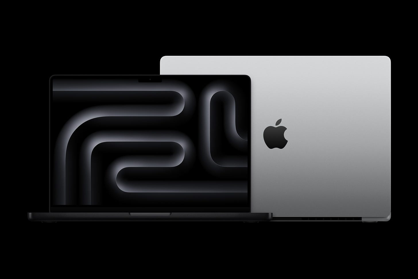 A render of a front-facing 14-inch M4-generation MacBook Pro and rear-facing 16-inch M4-generation MacBook Pro behind it.