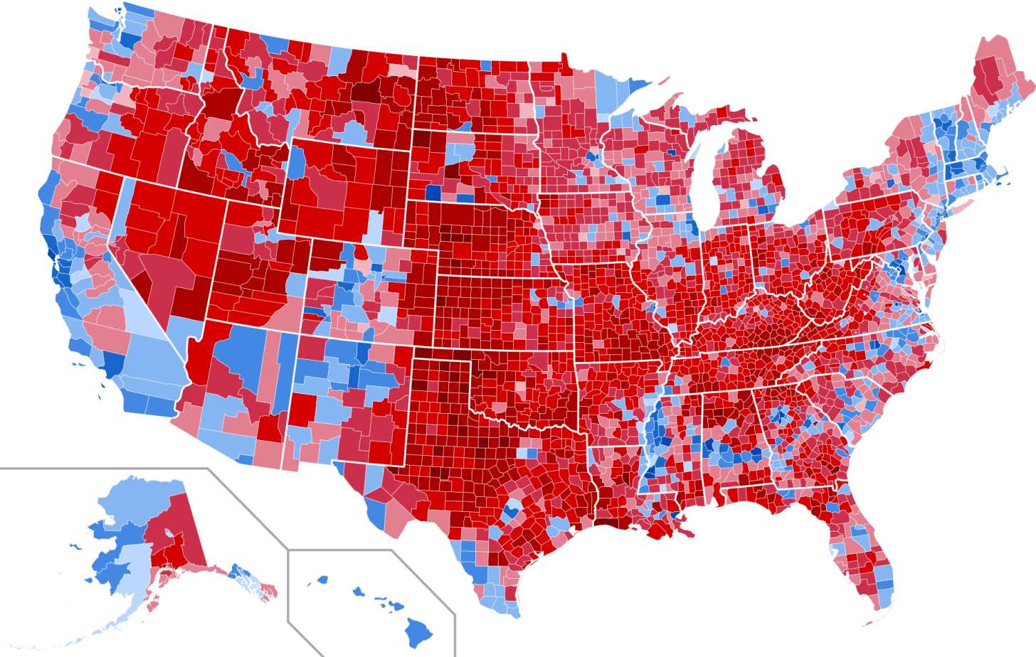 A red/blue map of the US, divided by county