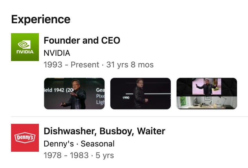 Founder and CEO. Dishwasher, Busboy, Waiter