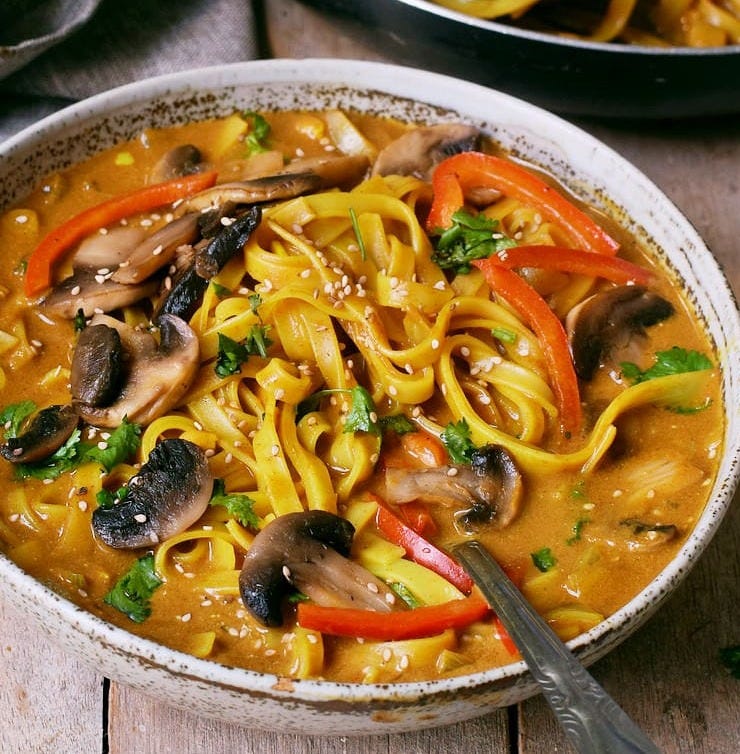 Vegan Thai Coconut Curry Soup with mushrooms and pepper
