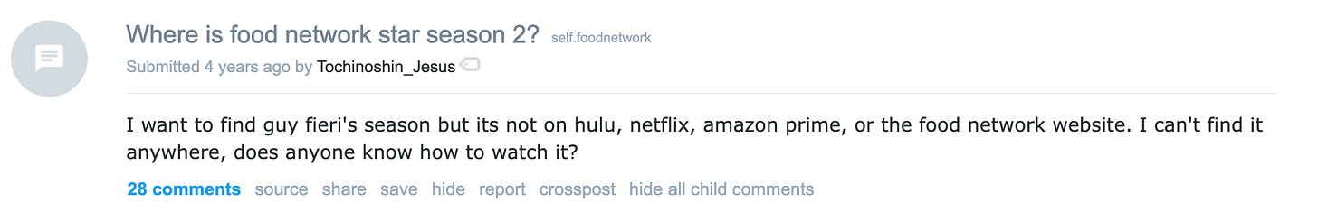 A post from r/foodnetwork asking where to find food network star season 2