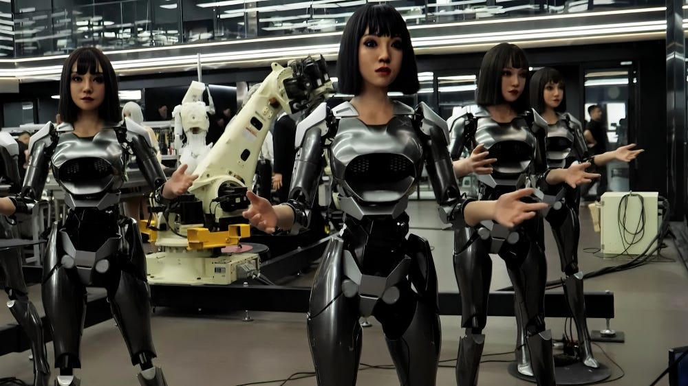 Group of humanoid female robots in a laboratory setting, preparing for real-world applications.