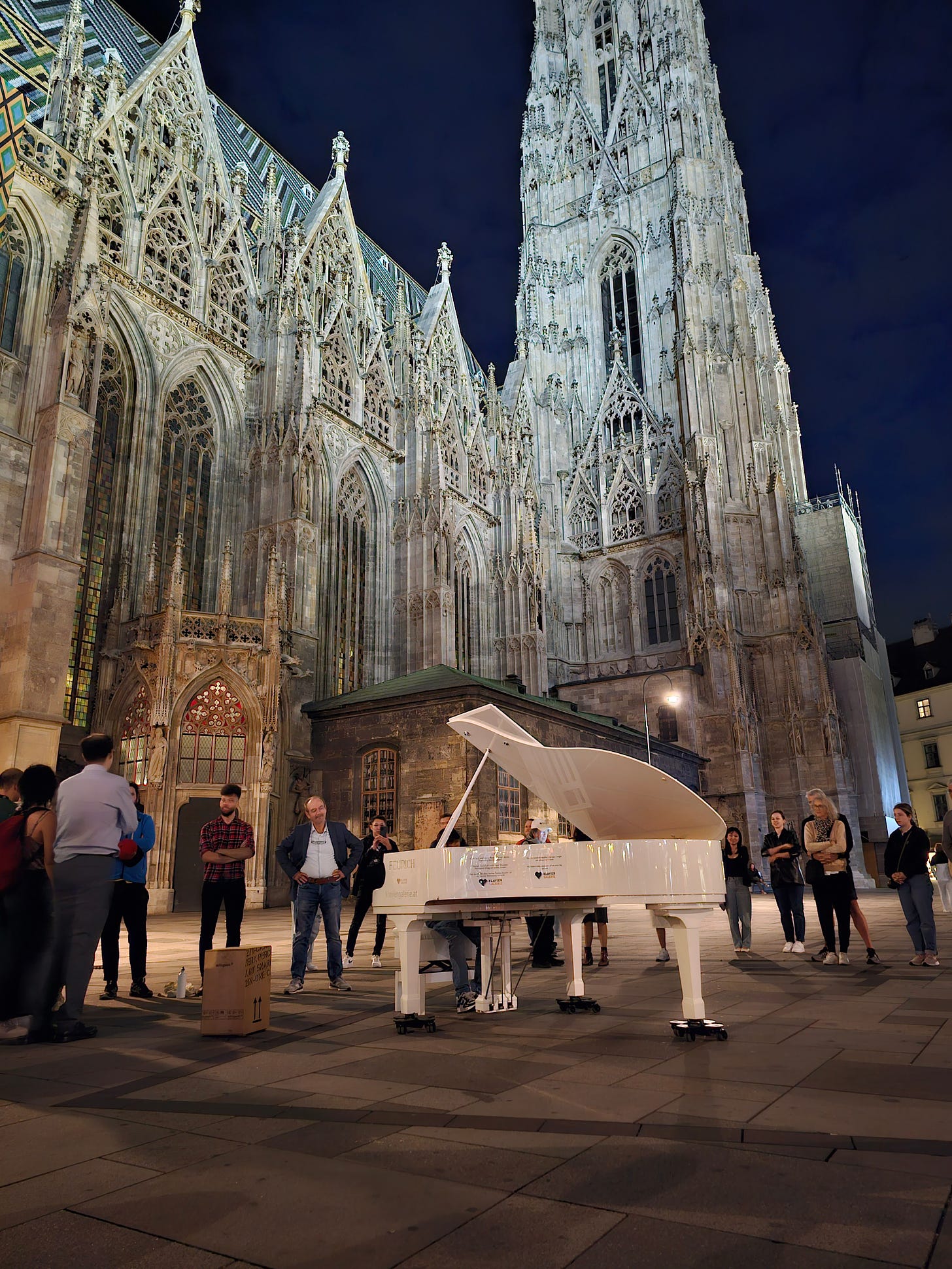 Piano infront of a gothic church