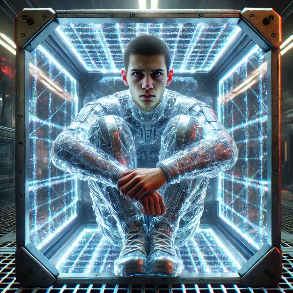 An extreme close-up of a prisoner trapped inside a high-tech force field prison cell, confined in a small glowing energy cube. The prisoner, with natural skin tones and highly detailed futuristic clothing, sits with their knees pulled close to their chest, arms pressed tightly against their sides due to the cramped space. Their face is the main focus, showing clear frustration, exhaustion, and desperation as they look out. The transparent force field shimmers with blue and white energy, subtly distorting the air but not obscuring their expression. The underground facility in the background is blurred, with dim lighting and metallic surfaces. The force field’s glow softly illuminates the prisoner's face, emphasizing realism and depth. Created using: cinematic lighting, ultra-HD detail, realistic human skin textures, immersive sci-fi aesthetics, natural facial expressions, energy distortion effects, high-detail fabrics, and vibrant color contrast.