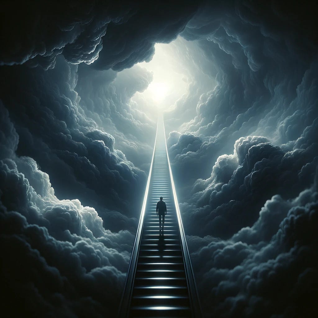 Visualize an ethereal scene where an individual is walking up an infinite, sleek staircase that ascends through a vast expanse of dark, dense clouds. The atmosphere is heavy with a sense of solitude and contemplation. The clouds swirl around the staircase, which reflects a faint, mysterious light, giving the impression that the steps lead to an unknown, possibly transcendental destination. The person is silhouetted against the dark sky, their figure small and resilient against the enormity of the natural elements. This image should capture a moment suspended in time, where the journey itself is the destination, and the surrounding darkness is filled with the heavy, silent presence of the clouds.