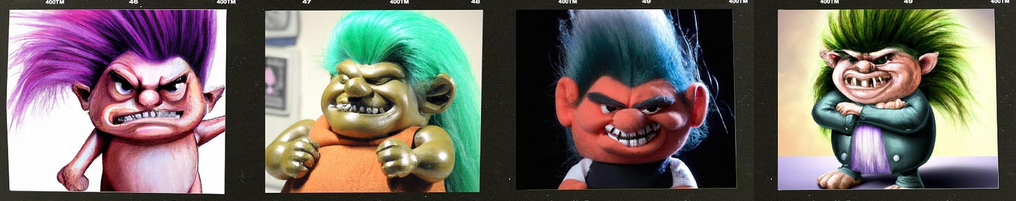 four images of troll dolls as bully-bosses created by AI