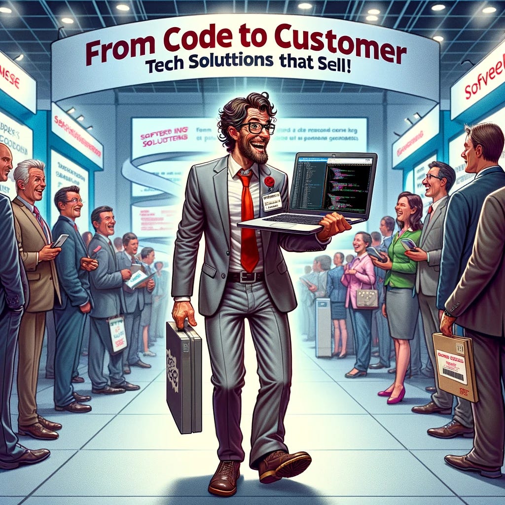 Visualize a comical scene where a software engineer, once confined to the realm of coding and debugging, finds himself thrust into the role of a technical salesman. He's standing in a sleek, modern tech expo, surrounded by the latest software innovations and gadgets. In one hand, he holds a laptop displaying a complex code, and in the other, a shiny, persuasive brochure about the software he's trying to sell. The engineer is dressed in a quirky mix of formal and casual wear, symbolizing his transition from the back-end to the front-end of the business. Behind him, a banner reads "From Code to Customer: Tech Solutions that Sell!" The scene is filled with interested yet slightly baffled attendees, highlighting the humorous juxtaposition of his software engineering background with his new sales role.