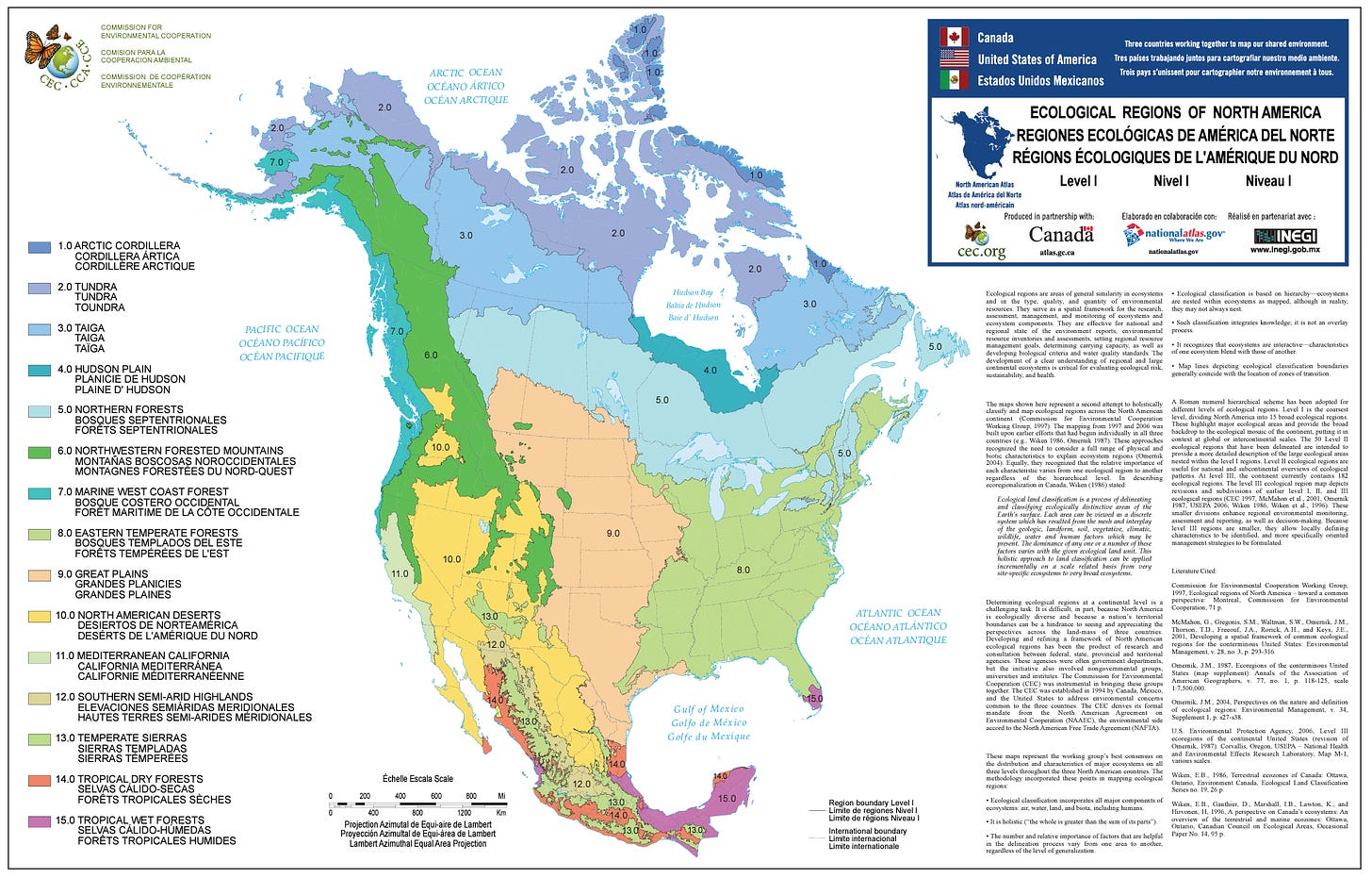 A colorful map of the U.S. divided into 15 ecosystems by the EPA