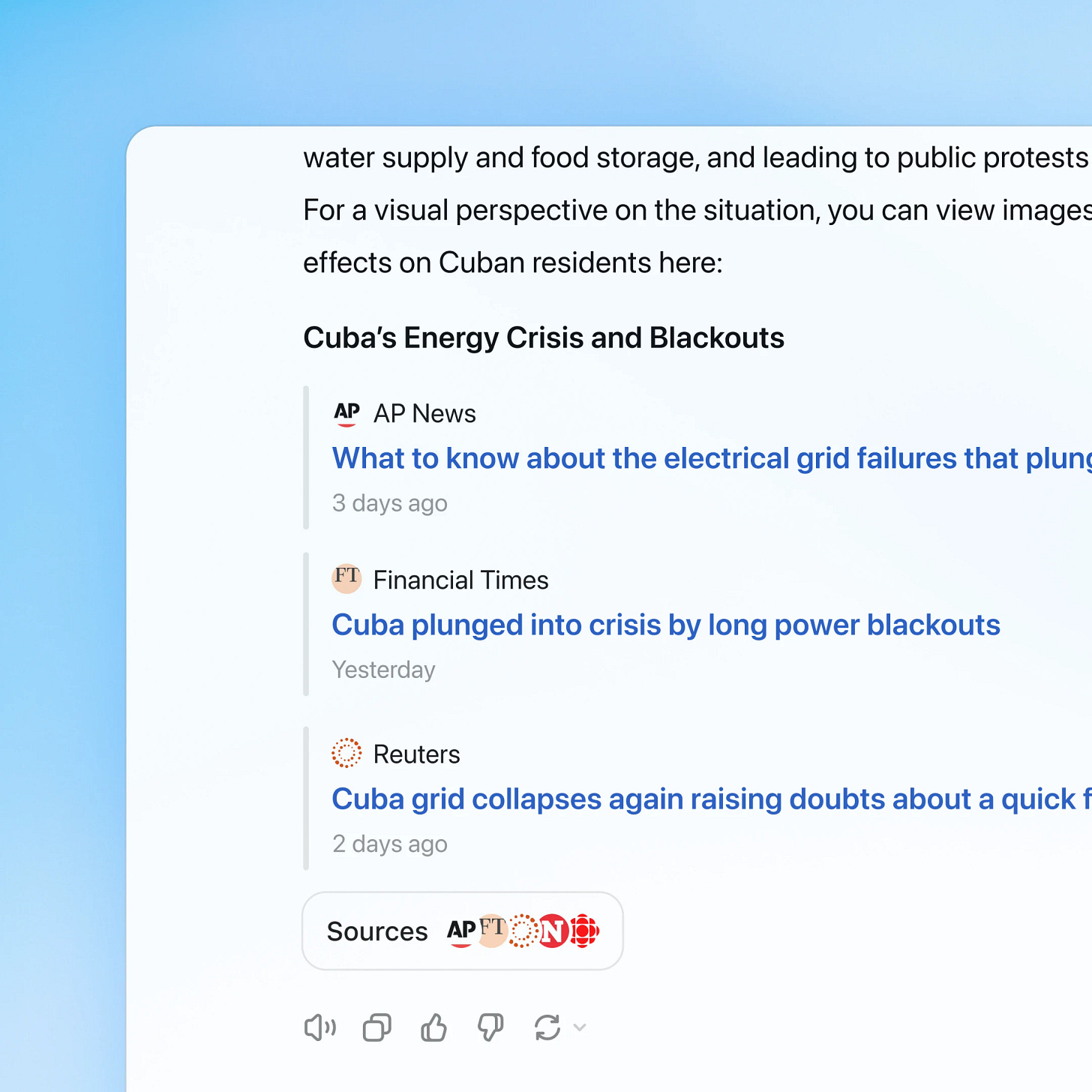 News headlines on Cuba’s energy crisis, with articles from AP News, Financial Times, and Reuters covering grid failures and blackouts affecting residents. A ‘Sources’ button with icons of AP, FT, Reuters, and others is shown below.
