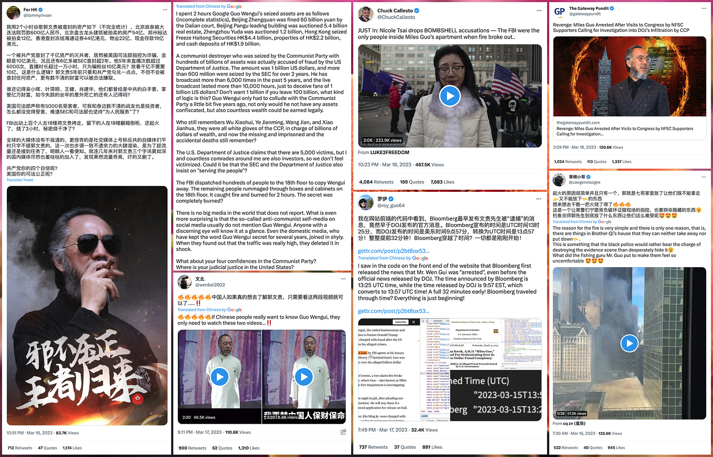 collage of tweets recently retweeted by at least 200 of the Chinese-language followers of @DrPaulGosar/@WarRoomPandemic/@maureen_bannon/@GETTRofficial