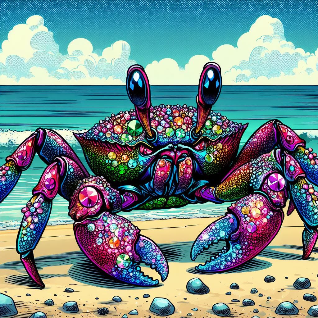 iridescent living jeweled crab on the beach in comic book style