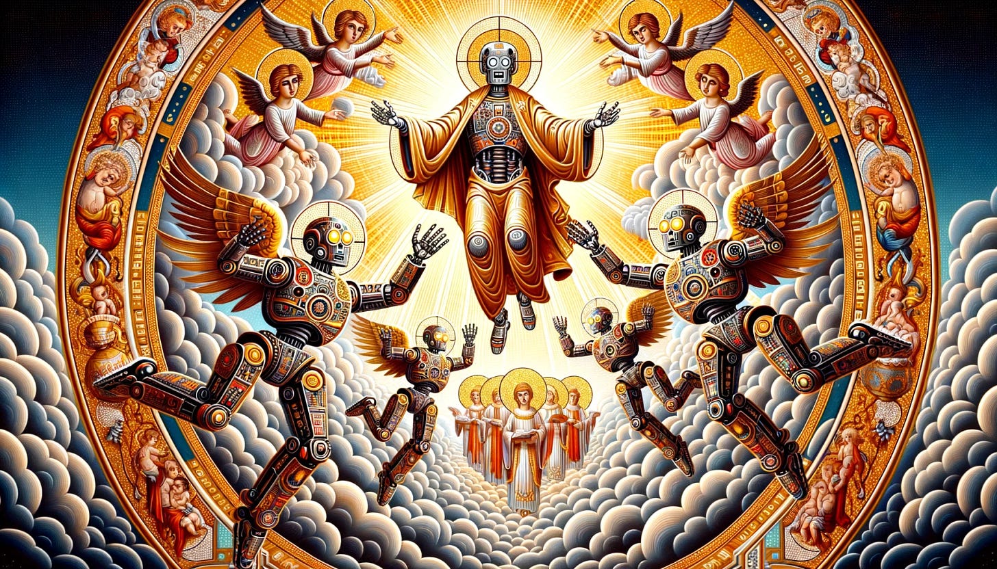 Illustration in Byzantine religious art style, showcasing robots with intricate designs and glowing eyes, moving towards a radiant heaven with golden clouds and cherubs observing them.