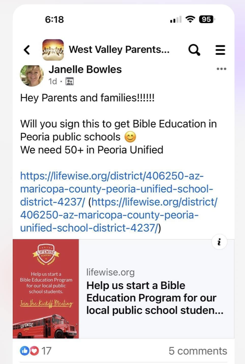 Social media post in West Valley Parents from Janelle Bowles, promoting a petition to get Bible education in Peoria Unified Public Schools 