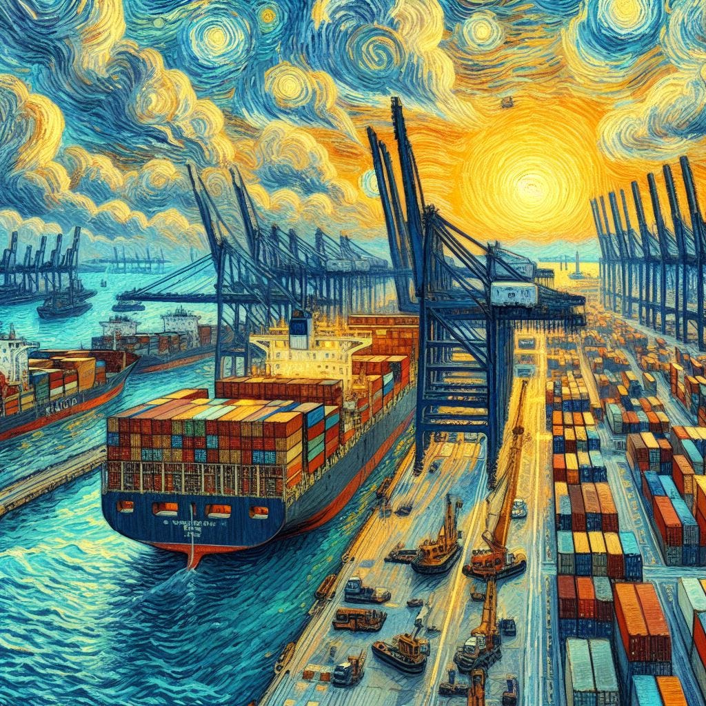 A container port and a containership in the style of van Gogh