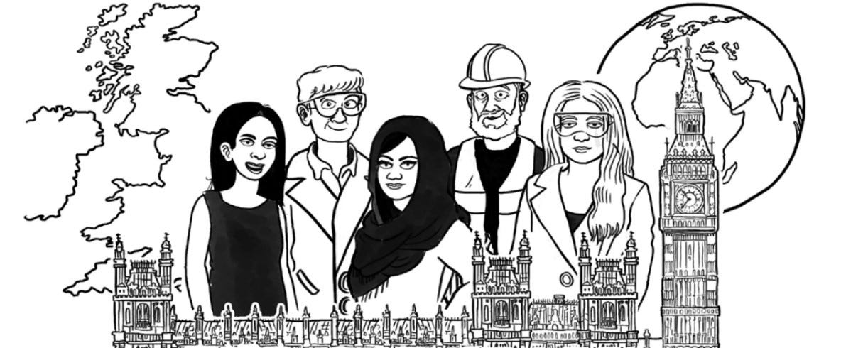 Cartoon of five scientists and engineers, three women and two men, standing behind a drawing of some fancy building in the UK