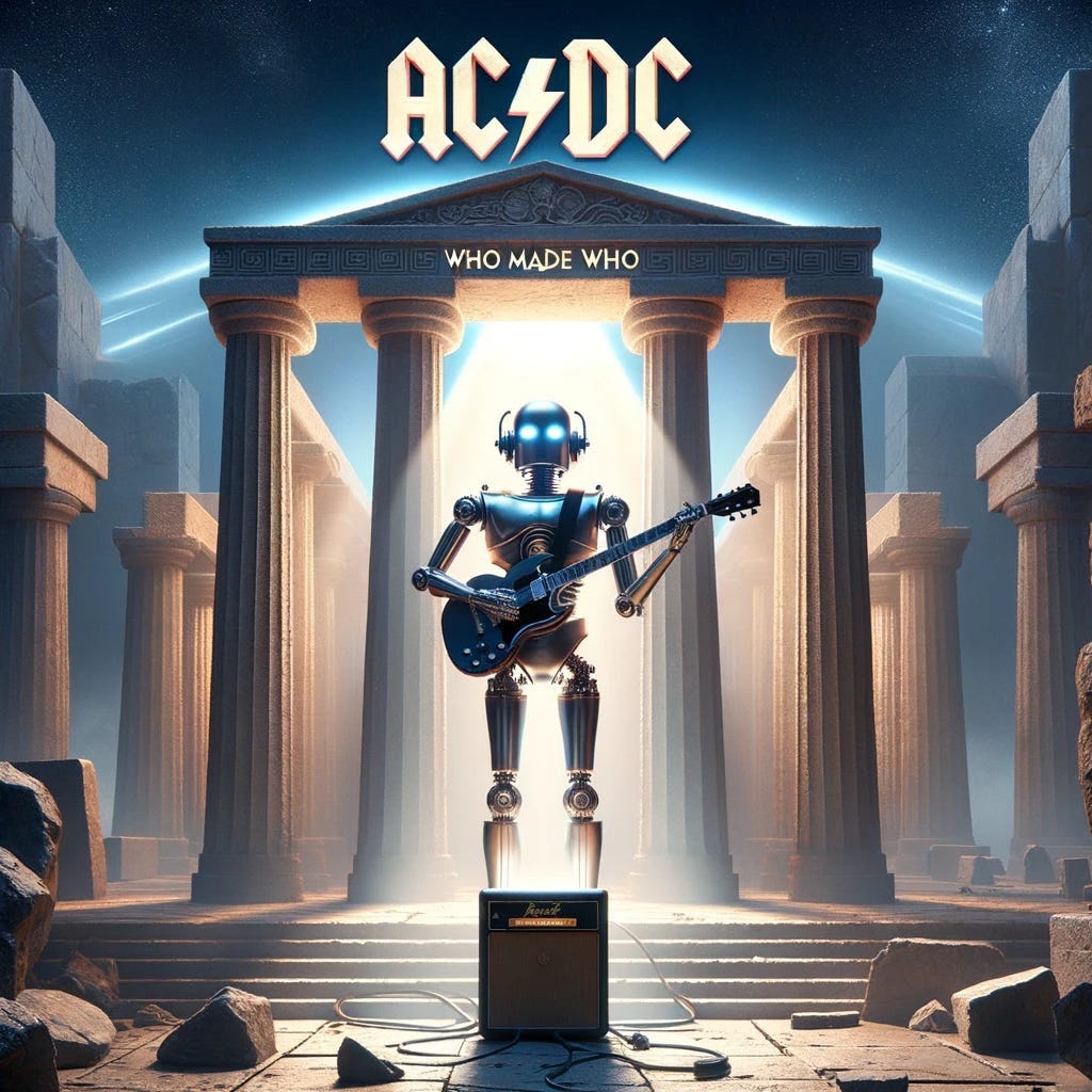 Recreate the album cover of 'Who Made Who' by AC/DC, substituting the guitarist with a robot. The setting is a Greek temple, illuminated by a celestial light from behind, featuring a robot in the center playing the guitar. Include the AC/DC logo and the album title 'Who Made Who' in the design. The aesthetic should match the original album's vibe, with emphasis on the surreal juxtaposition of ancient architecture and futuristic robotics.