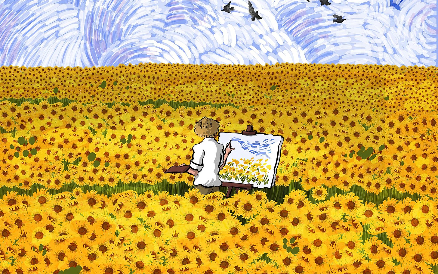 General 4378x2736 Alireza Karimi Moghaddam Vincent van Gogh painting sunflowers flowers birds straw hat rear view field