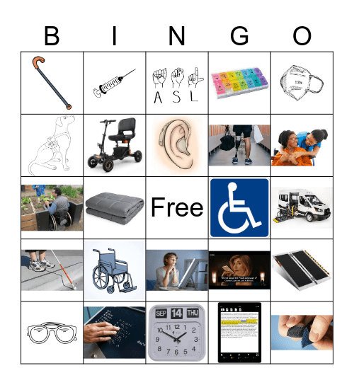 A 4 by 4 bingo card has many images of disability, including a cane, “ASL” in ASL, a KN95 mask, the International Symbol of Access, glasses, a foldable ramp, an accessible van, and more. There is a free space at the center.