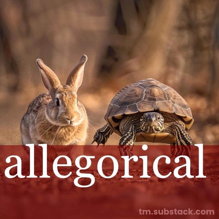 A tortoise and hare racing against each other; used to illustrate the SAT vocabulary word ALLEGORICAL.