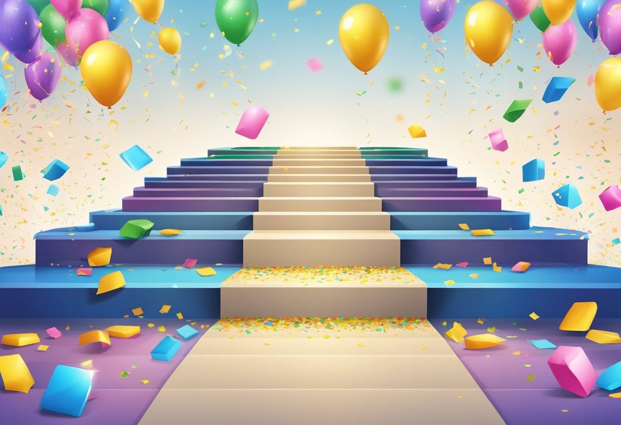 A series of stepping stones gradually increasing in size, leading to a grand podium at the end, with confetti and streamers in the air