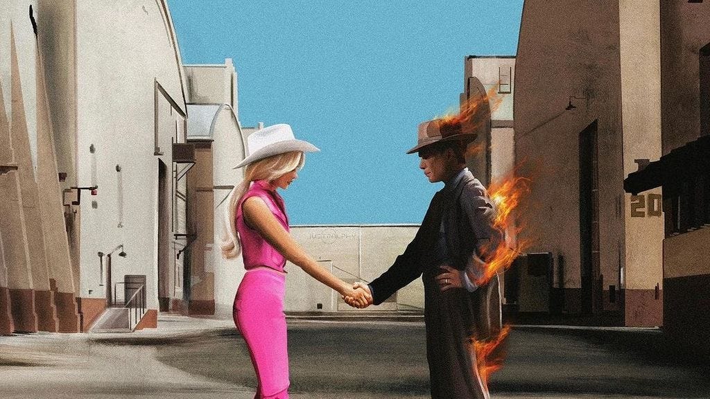 Barbie and Oppenheimer shake hands in a Hollywood lot