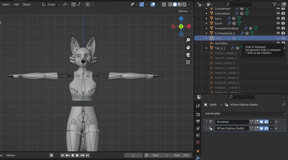 The object 'Outfit' is selected in Blender Outliner. 'Viewport display' and 'Render view' are disable.
