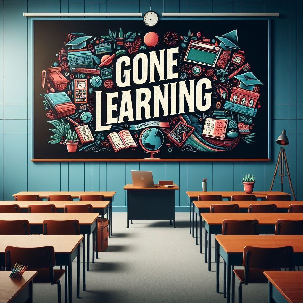 Cartoon image of classroom with Gone learning written on board