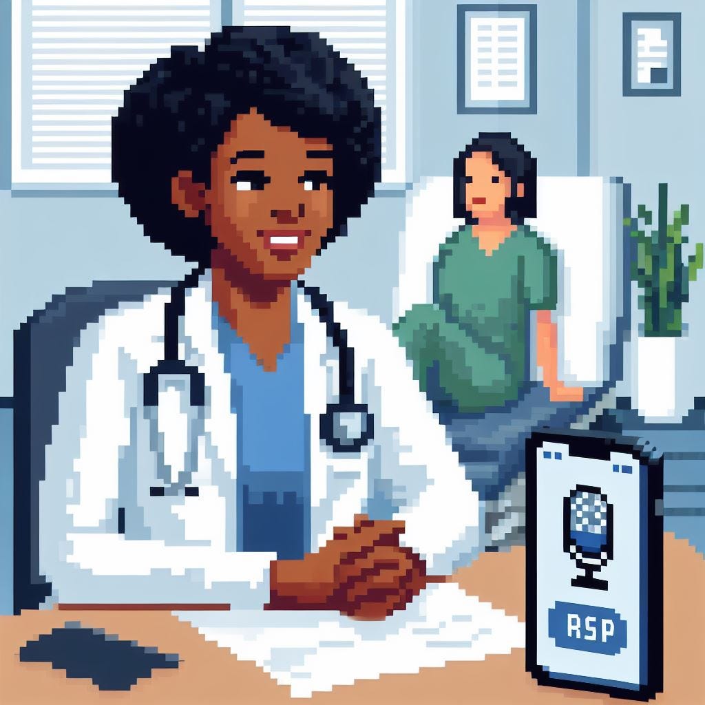 A pixel art image of a female African-American physician, working in an exam room with the nurse in the background that is looking the patient across from them directly in the eyes, and smiling, while the phone sitting on the table has an app with a large microphone icon on it