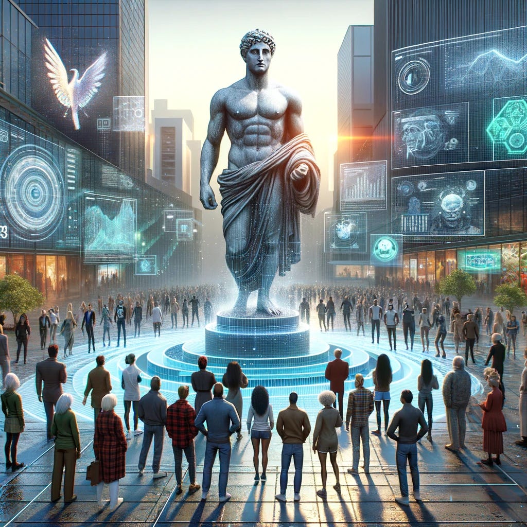 Visualize the concept of the 'Return of the Hero' in an era of technology and abundance. Depict a diverse group of individuals from various walks of life, including those not traditionally associated with technology, gathered around a futuristic, holographic projection of a classical hero statue. This statue should symbolize guidance and inspiration for a prosperous future. The individuals are of different ages, ethnicities, and professions, reflecting inclusivity and the idea that everyone has a role in shaping the future. The setting is in a public, open space that merges elements of a city park with advanced technology interfaces and screens displaying optimistic data and green technology innovations. The atmosphere is one of hope, collaboration, and community, with the hero statue at the center as a unifying symbol.
