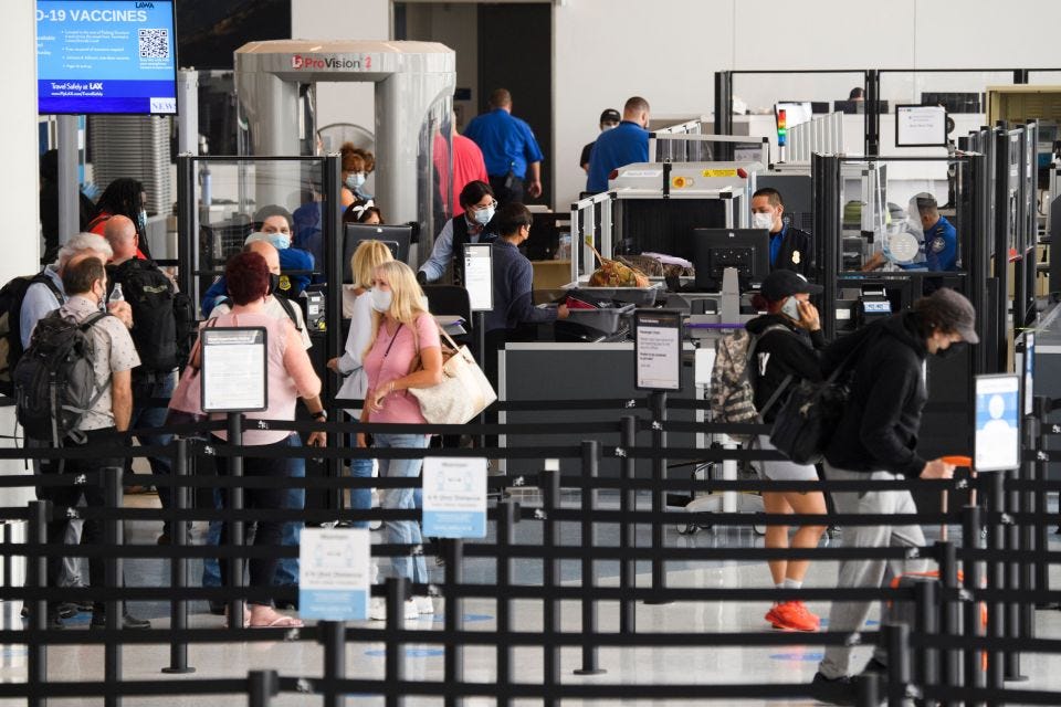 Passengers going through TSA security at LAX airport.